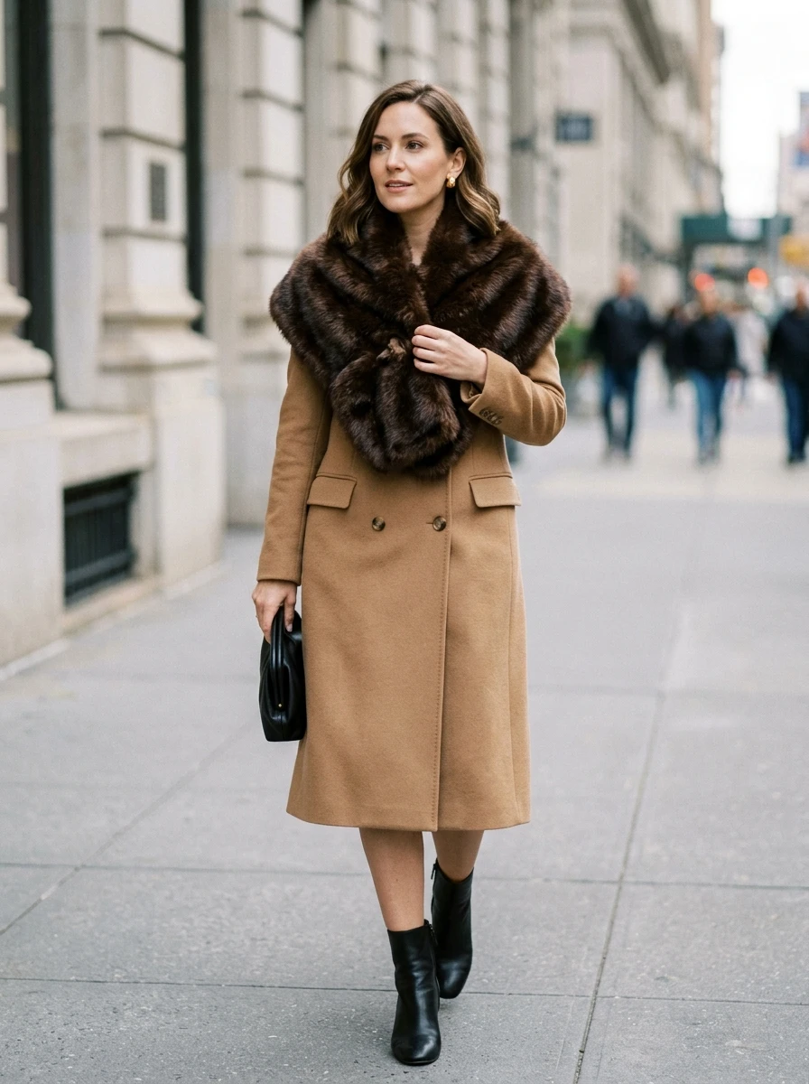 An adult model wearing a faux fur stole over a coat, adding an elegant touch to a winter ensemble.