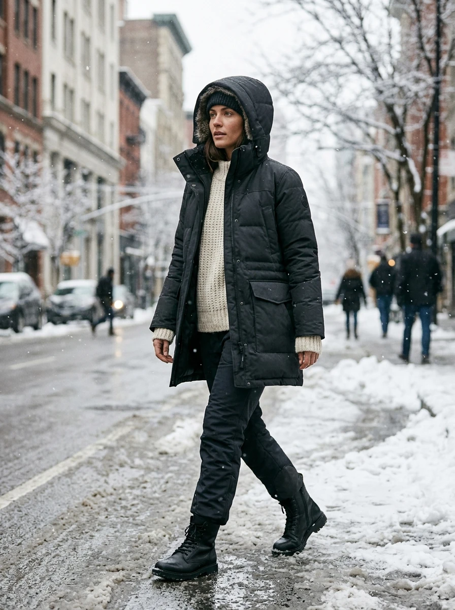 An adult model wearing a technical parka, showing the most practical choice for extreme winter conditions.