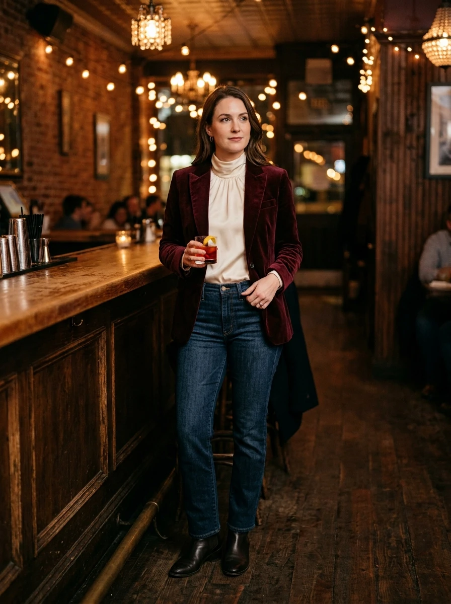 An adult model wearing a velvet blazer, illustrating a textured and sophisticated choice for social winter occasions.