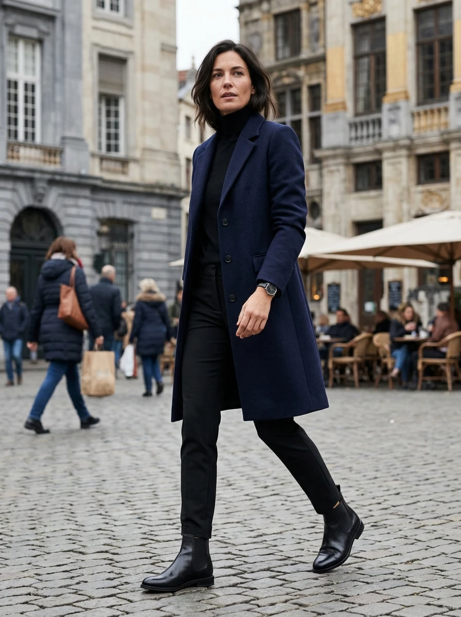An adult model mixing navy and black, showing a timeless and sophisticated color combination for winter.