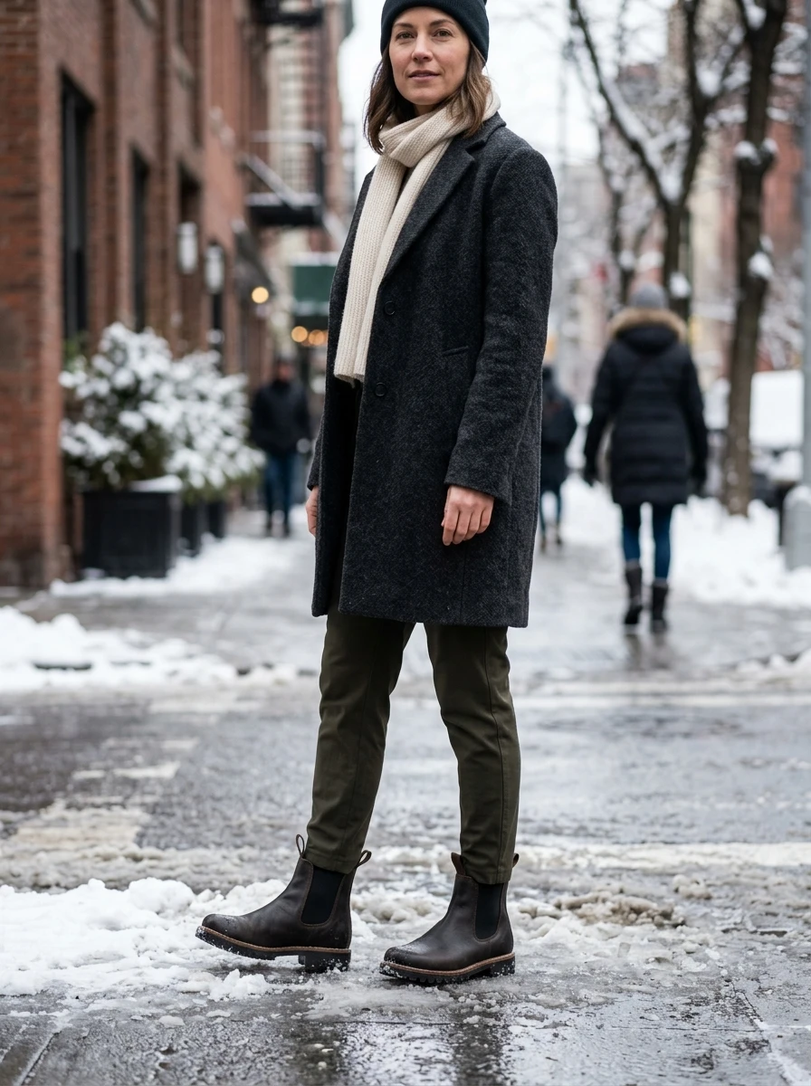 An adult model wearing leather Chelsea boots, highlighting the importance of durable and stylish footwear in the city.