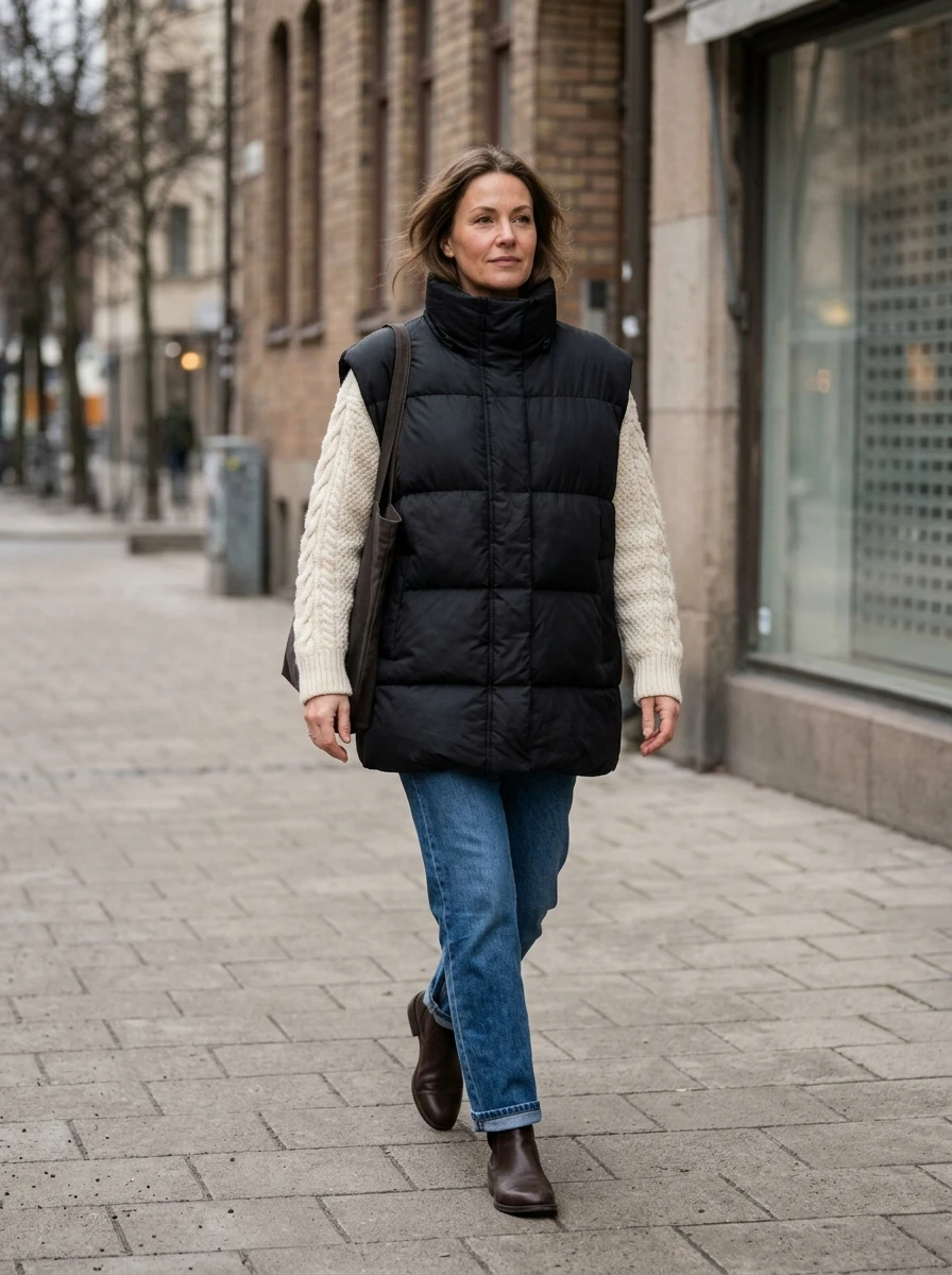An adult model styled in an oversized puffer vest layered over a knit sweater, showcasing a practical and warm urban outfit.
