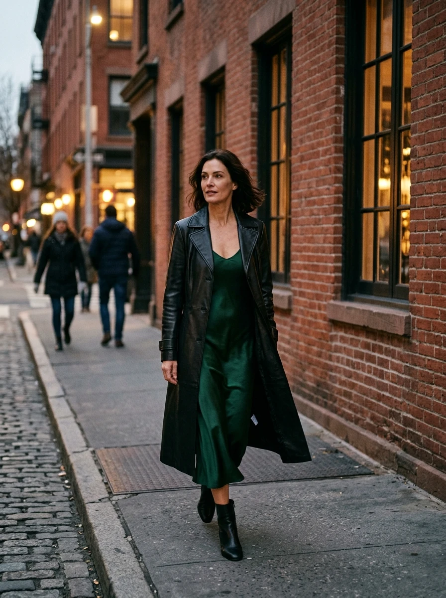 An adult model wearing a long leather trench coat, providing a sleek and windproof option for city evenings.