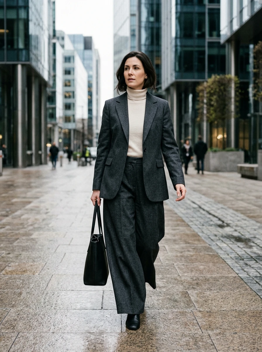 An adult model wearing wide leg trousers, suitable for a professional winter look that allows for discrete layering.