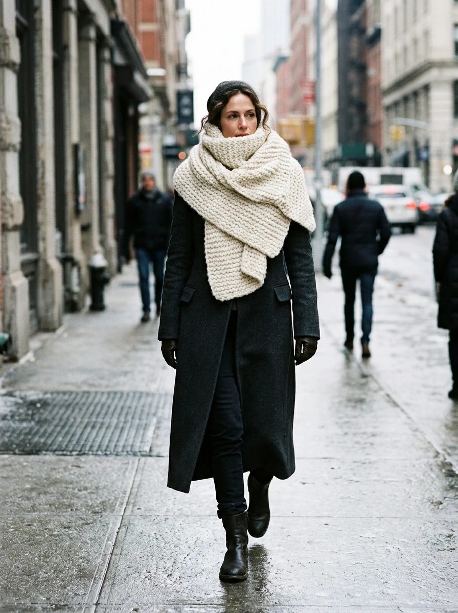 An adult model wearing a large chunky knit scarf, highlighting how accessories define a winter outfit.