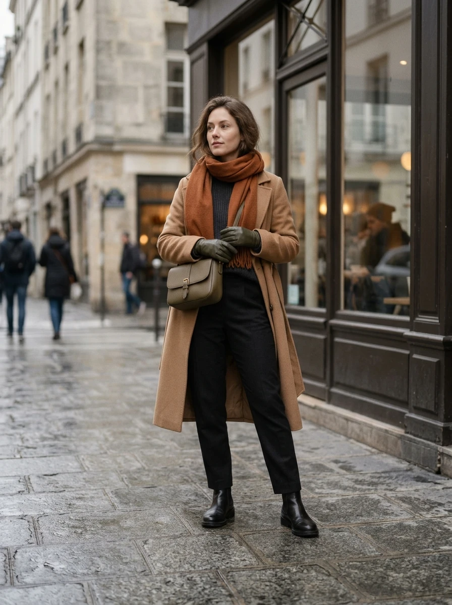 An adult model wearing earth tone layers, showing how to incorporate color into a winter wardrobe.