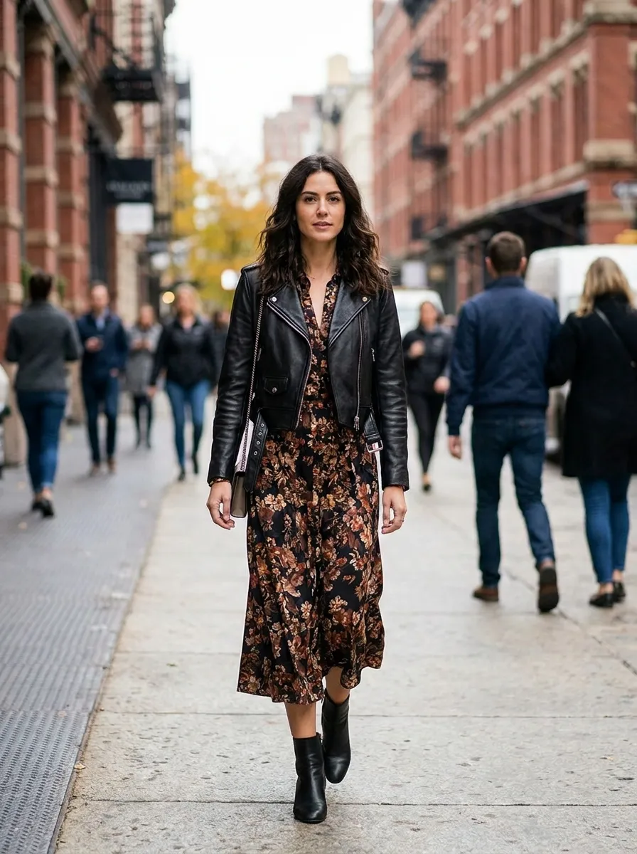 Leather Jacket With A Midi Dress — 15 Fall Outfit Ideas Using Clothes You Already Own