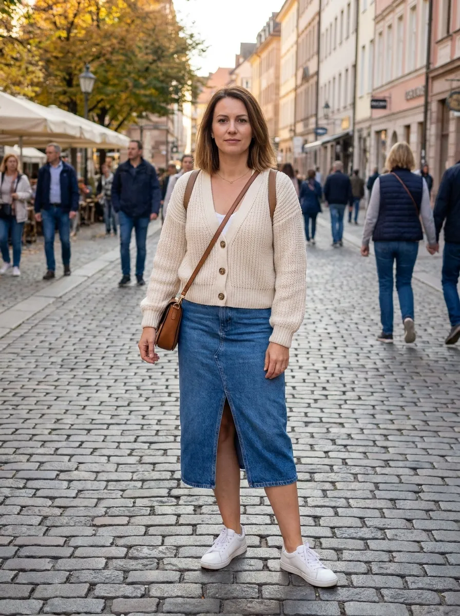 Denim Skirt and Chunky Cardigan — 15 Fall Plus Size Capsule Wardrobe Travel Outfits