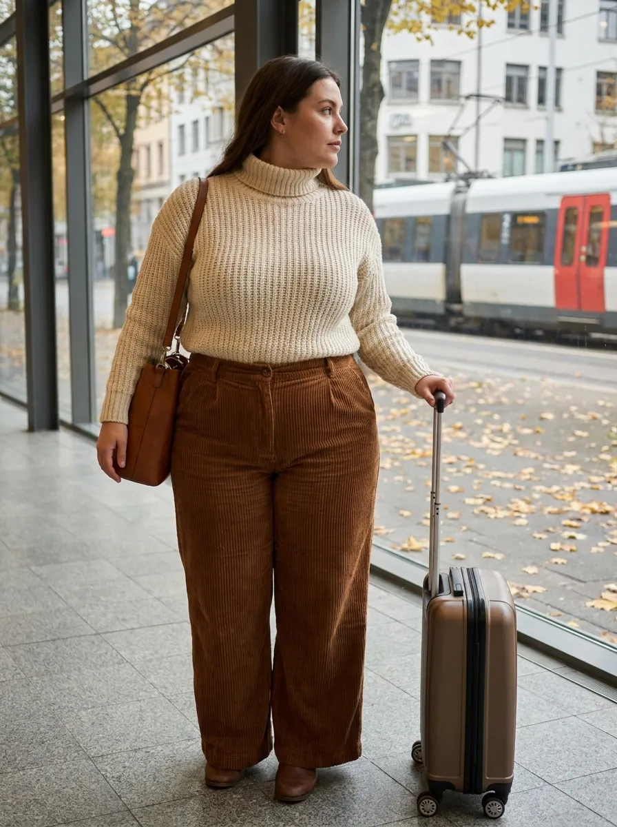 Turtleneck Sweater and Corduroy Pants — 15 Fall Plus Size Capsule Wardrobe Travel Outfits