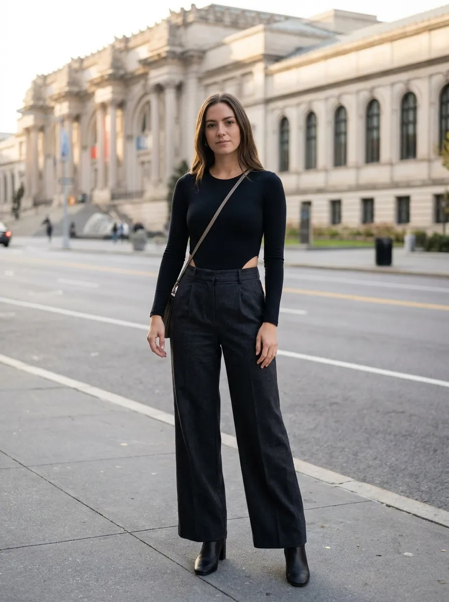 Wide Leg Trousers and Fitted Bodysuit — 15 Fall Plus Size Capsule Wardrobe Travel Outfits