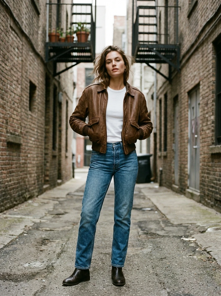 A woman wears a brown leather bomber jacket styled with a white tee and blue jeans.