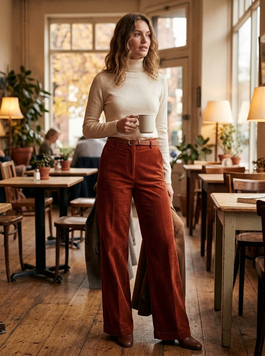A woman wears high waisted corduroy pants and a turtleneck sweater for a cozy autumn look.