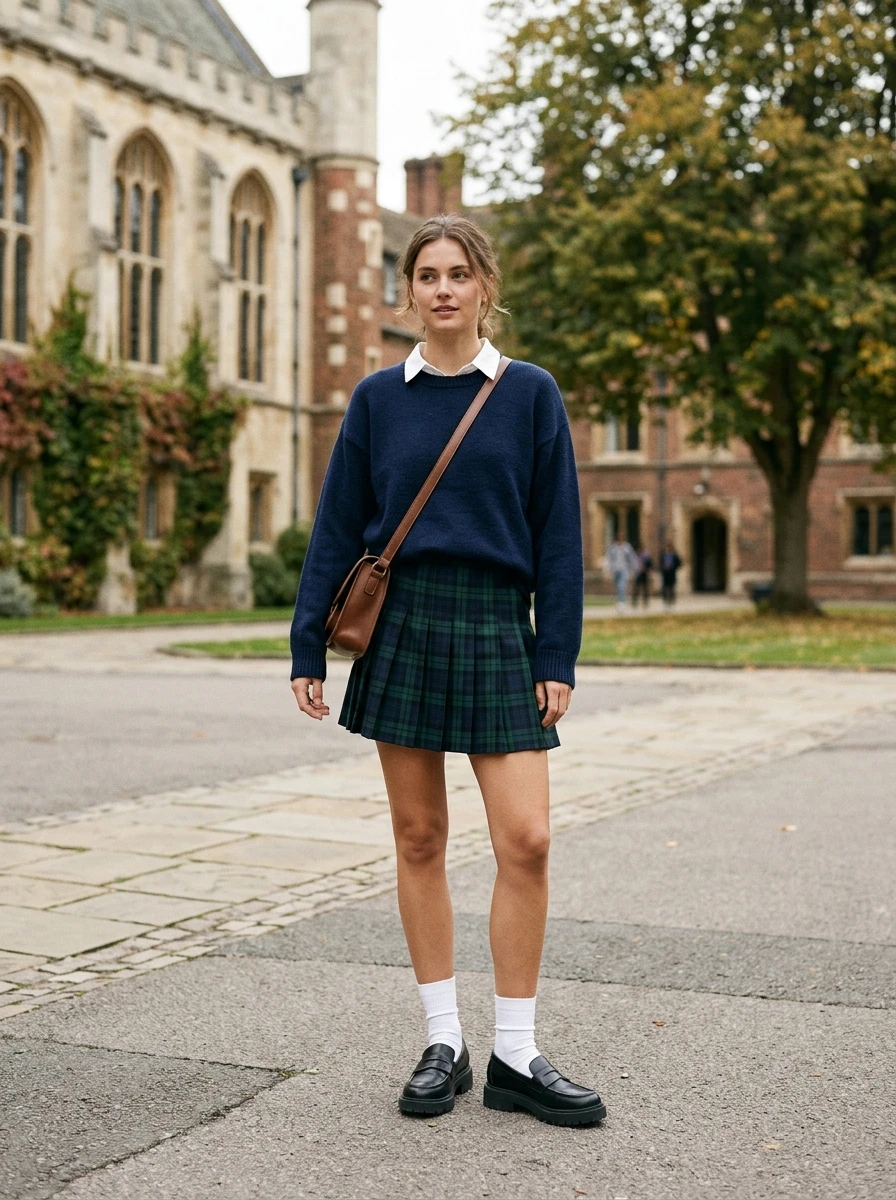 A woman wears chunky loafers with white socks and a skirt for a modern academic inspired look.