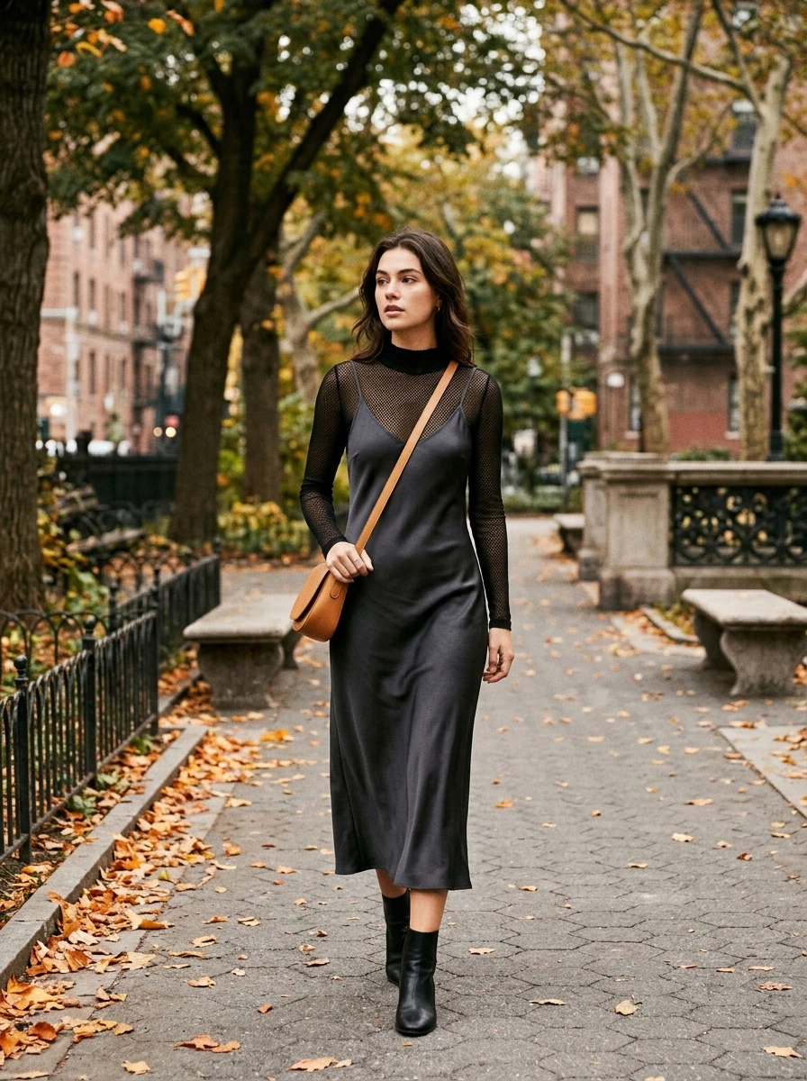 A woman demonstrates layering a sheer top under a slip dress to create a versatile outfit.