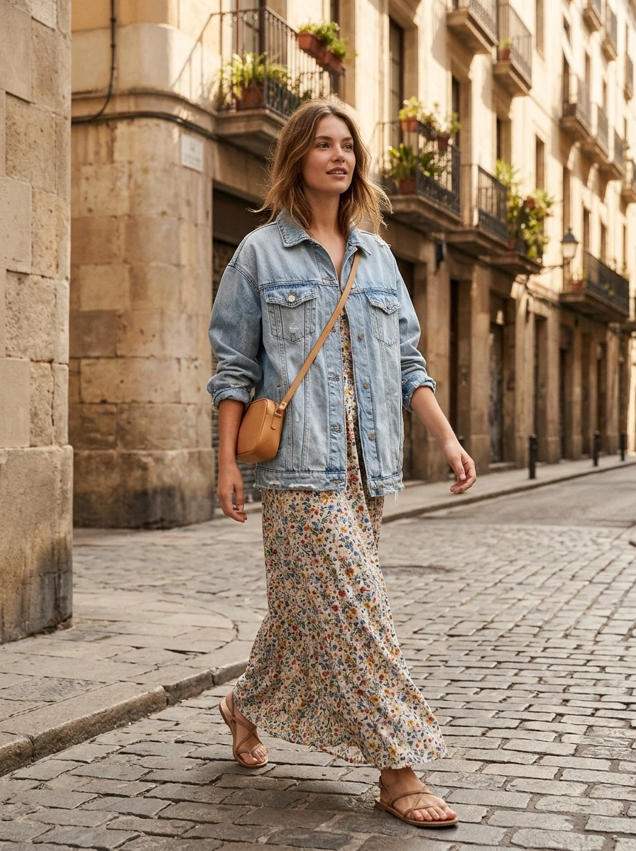 A woman wears an oversized denim jacket over a floral dress for a balanced seasonal look.