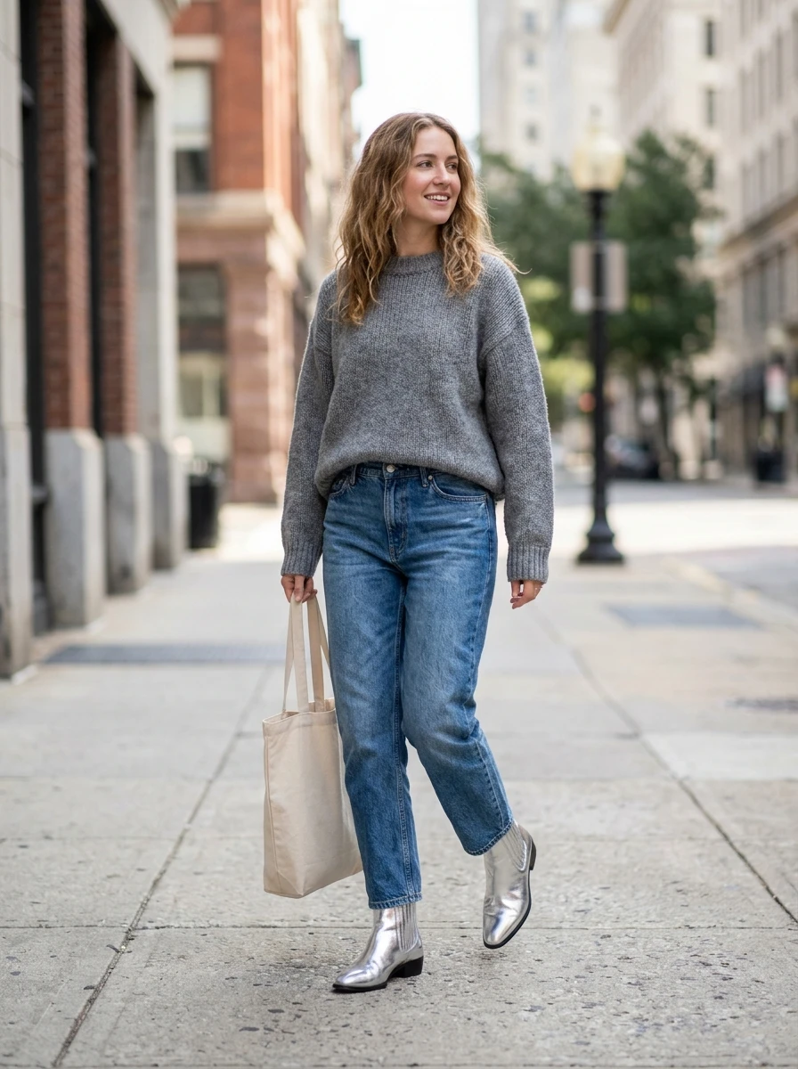 A woman wears metallic silver boots styled with casual jeans and a sweater for a modern look.