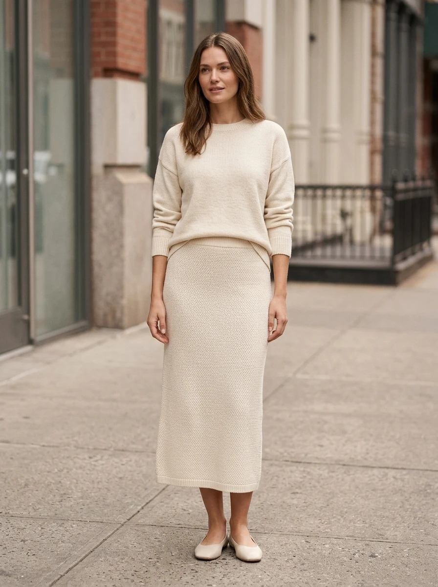 A woman wears a monochromatic cream knit set, showcasing a balanced and streamlined outfit.