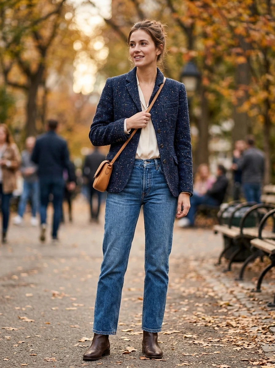 A woman wears a textured navy tweed jacket paired with casual denim for a high low style look.