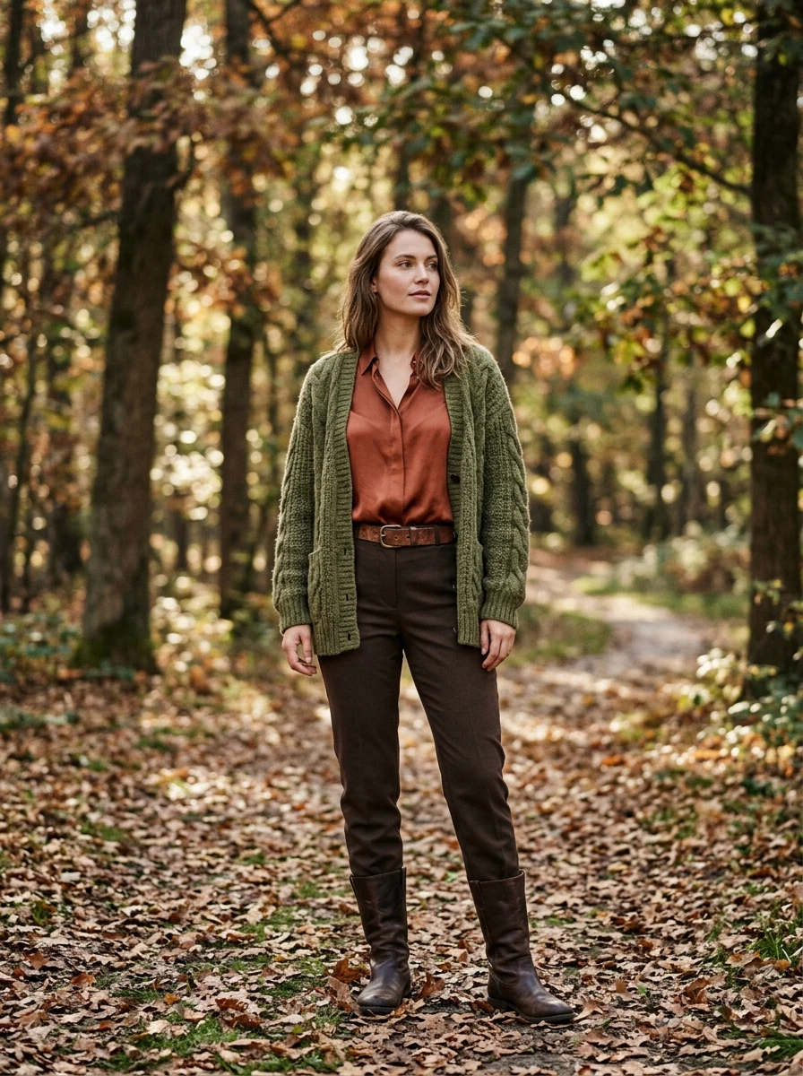 A woman models an outfit featuring layered earth tones including rust, olive, and brown.