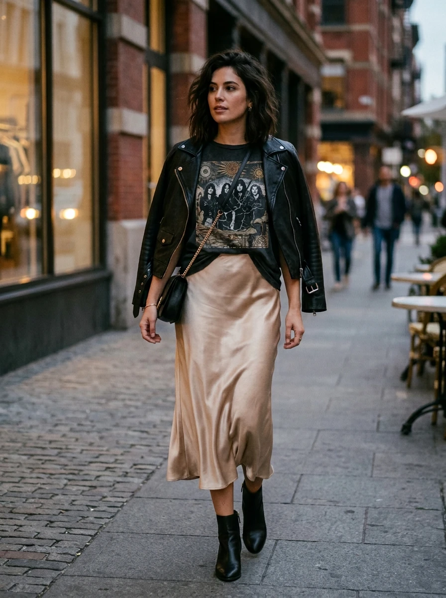 A woman wears a champagne satin midi skirt paired with a graphic tee for a contrast in textures.