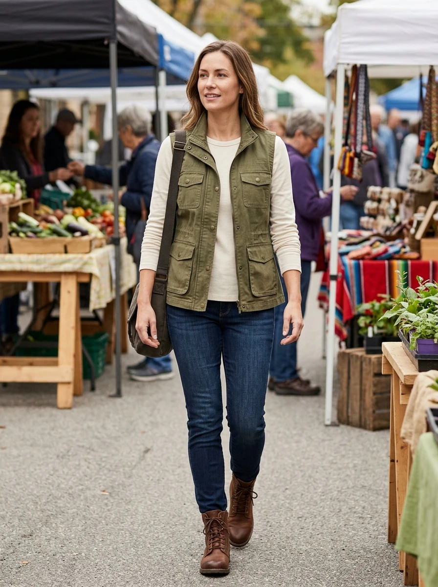 A woman wears a functional utility vest layered over a long sleeve shirt for a practical look.