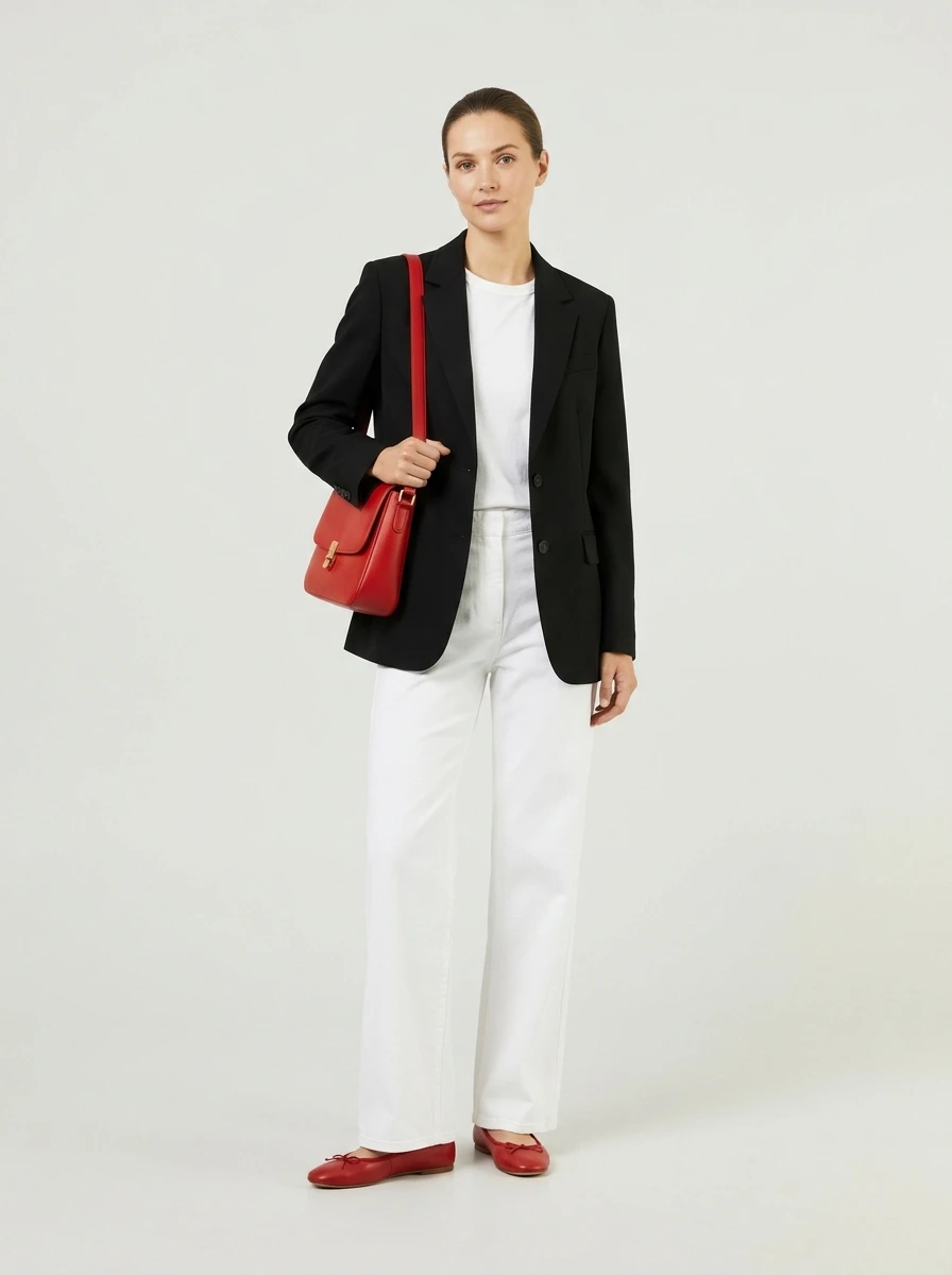 A woman wears a neutral outfit refine by a bright red handbag and matching red flats.