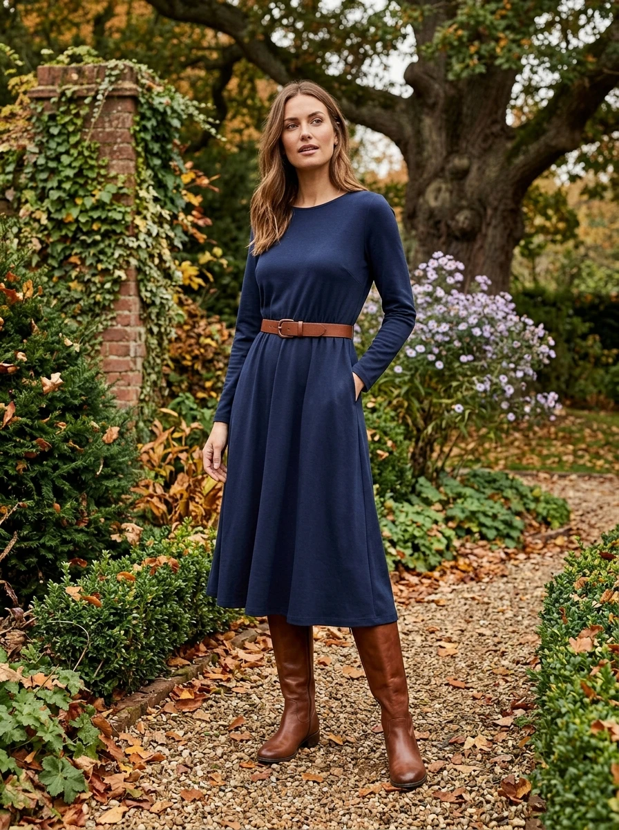 A woman wears a structured midi dress paired with tall leather boots for a classic look.