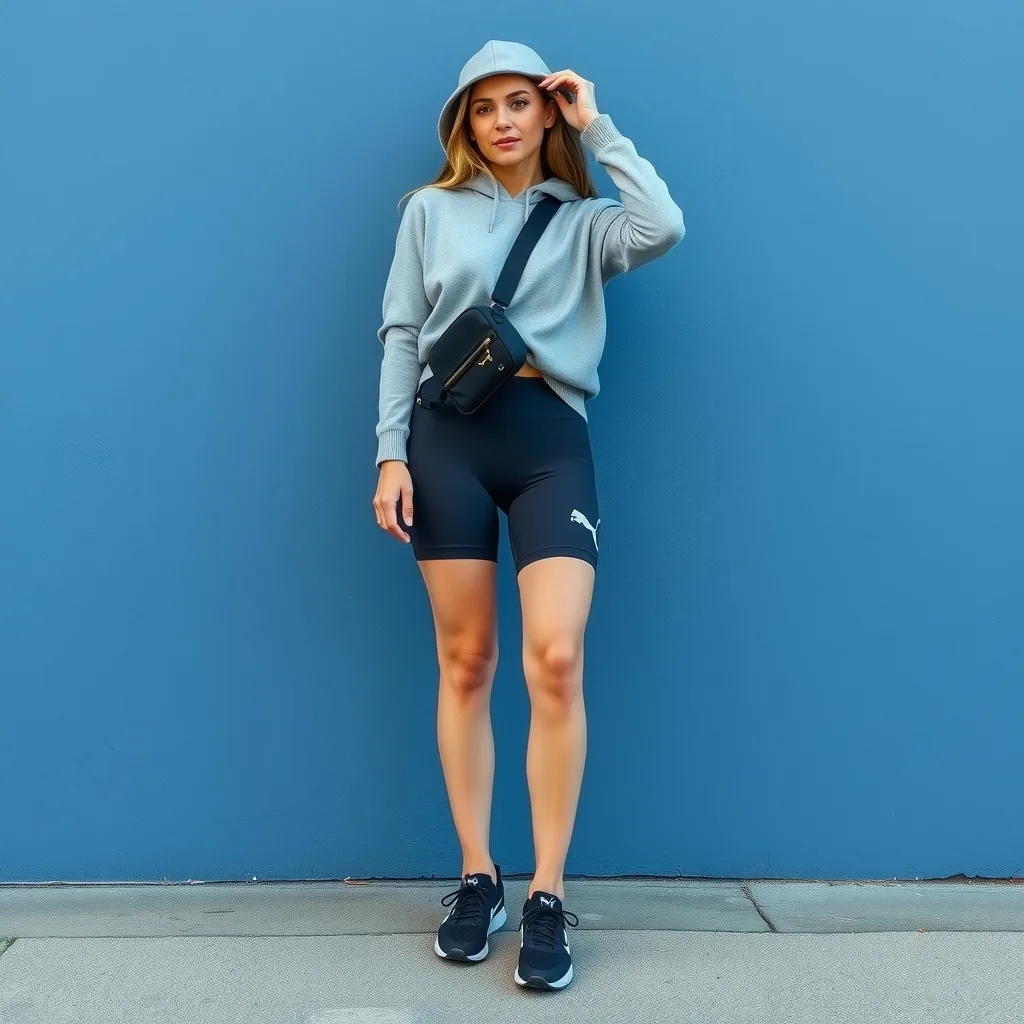 A woman is styled in black cycling shorts, an oversized grey hoodie, and Puma Speedcat shoes. The concrete urban backdrop and bright lighting highlight the sporty nature of the outfit.