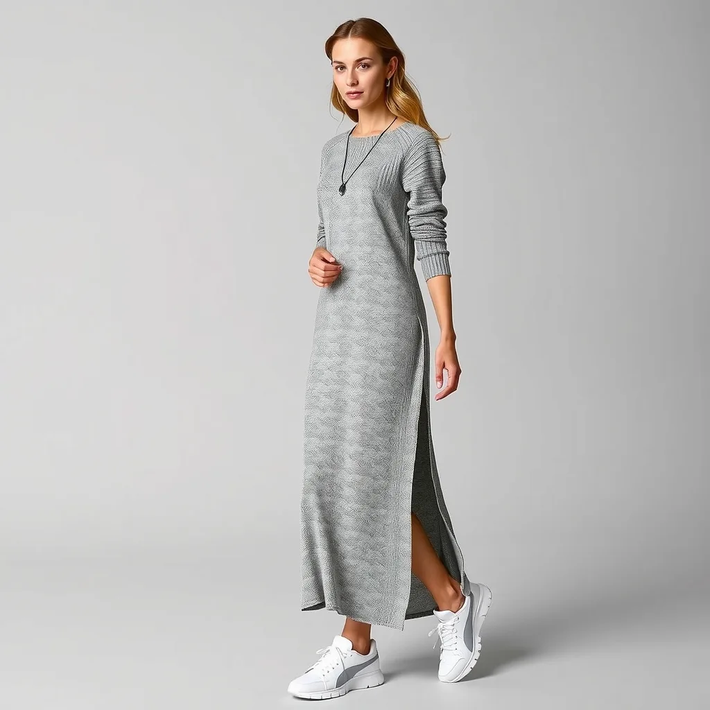 A woman wears a cream knitted maxi dress with a noticeable side slit, paired with Puma Speedcat shoes. The scene is a sunlit patio, emphasizing the comfortable and stylish nature of the outfit.