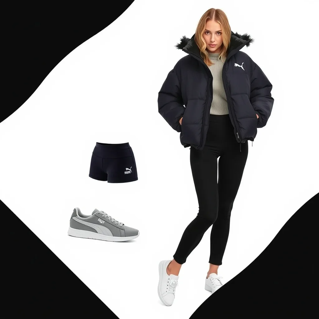 A woman wears a black cropped puffer jacket and high waisted trousers with Puma Speedcat shoes. The setting is a snowy city street, showing how to style the shoes for colder weather.