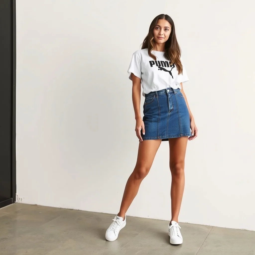 A woman stands in a denim midi skirt and a graphic t shirt, paired with Puma Speedcat shoes. The background is a textured brick wall, and the natural light highlights the casual outfit.