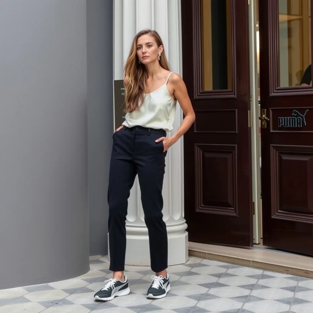 A woman is dressed in tailored grey suit trousers and a silk camisole, paired with Puma Speedcat shoes. The setting is a modern office with bright light, showcasing a professional yet comfortable look.