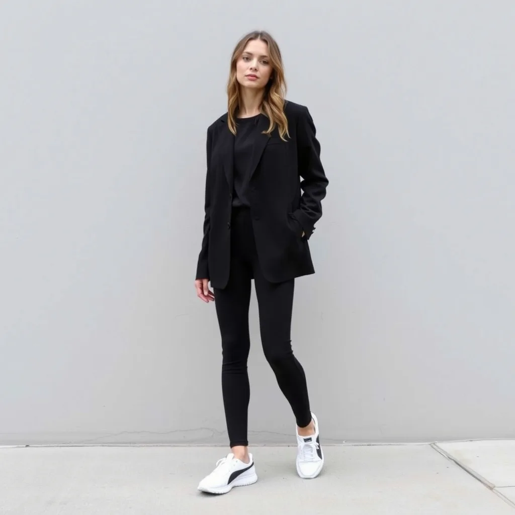 A woman poses in an oversized beige blazer layered over black leggings and sleek Puma Speedcat shoes. The background is a quiet city street. The soft morning light emphasizes the sharp tailoring of the blazer against the athletic footwear.