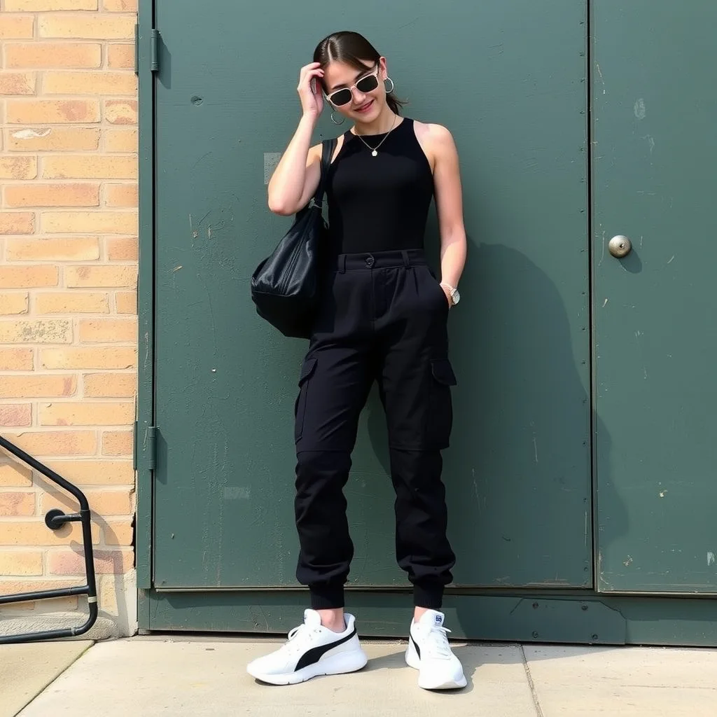 A woman stands in olive green cargo pants and a black bodysuit, styled with Puma Speedcat shoes. The outdoor park setting and soft sunlight create a natural and approachable look.