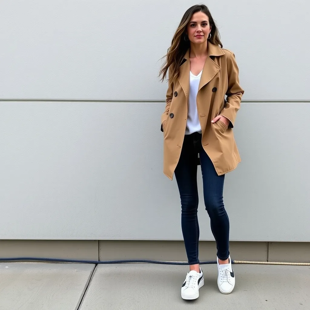 A woman wears a long beige trench coat over dark skinny jeans and Puma Speedcat shoes. She stands on a city sidewalk under an overcast sky, creating a polished and practical look.