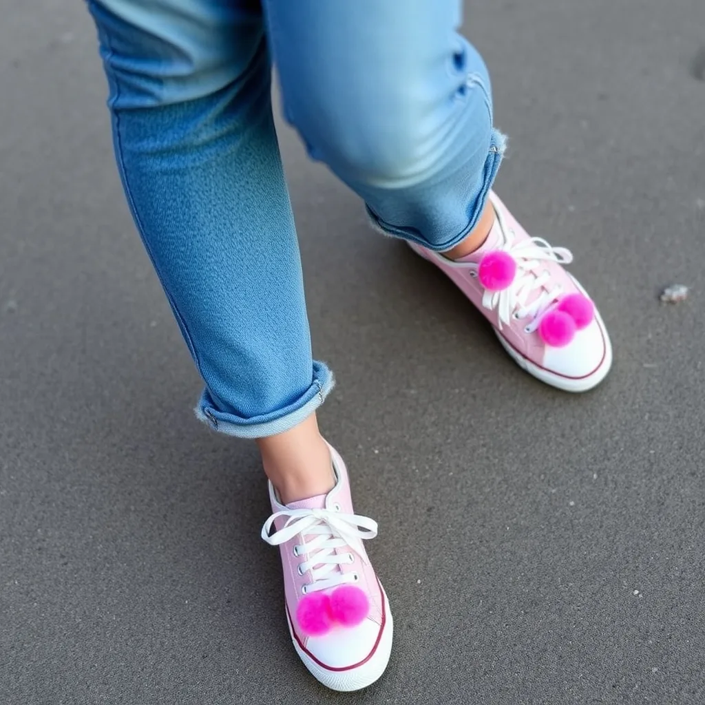Sneakers decorated with a cluster of colorful mini pom poms on the toe cap, offering a playful and textured aesthetic that stands out in any casual outfit.
