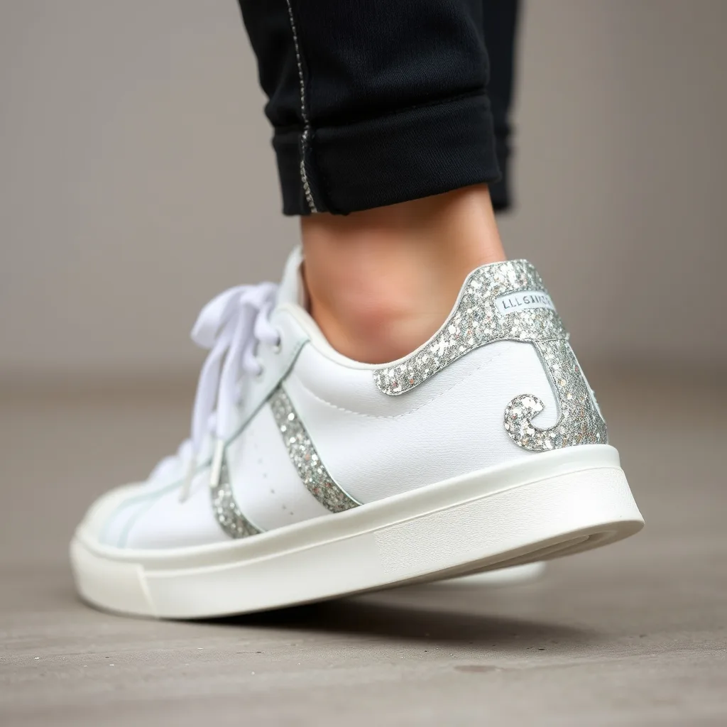 Sneakers featuring a sparkling glitter finish on the heel counter, providing a glamorous and eye catching detail that transforms a simple pair of shoes into a statement piece.