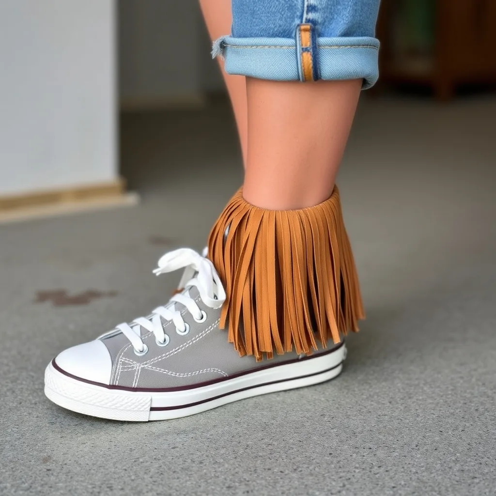 Sneakers featuring a leather fringe attachment on the tongue, adding a bohemian inspired texture and movement to the casual footwear style, strong for a relaxed look.