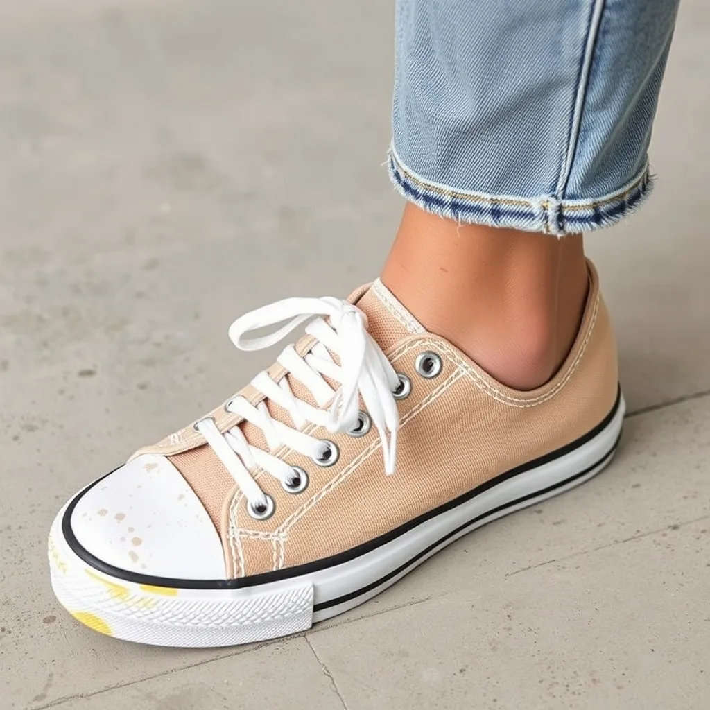 A pair of sneakers with freshly whitened rubber soles, showcasing a crisp and clean appearance that revitalizes the look of the entire shoe, making them look brand new.