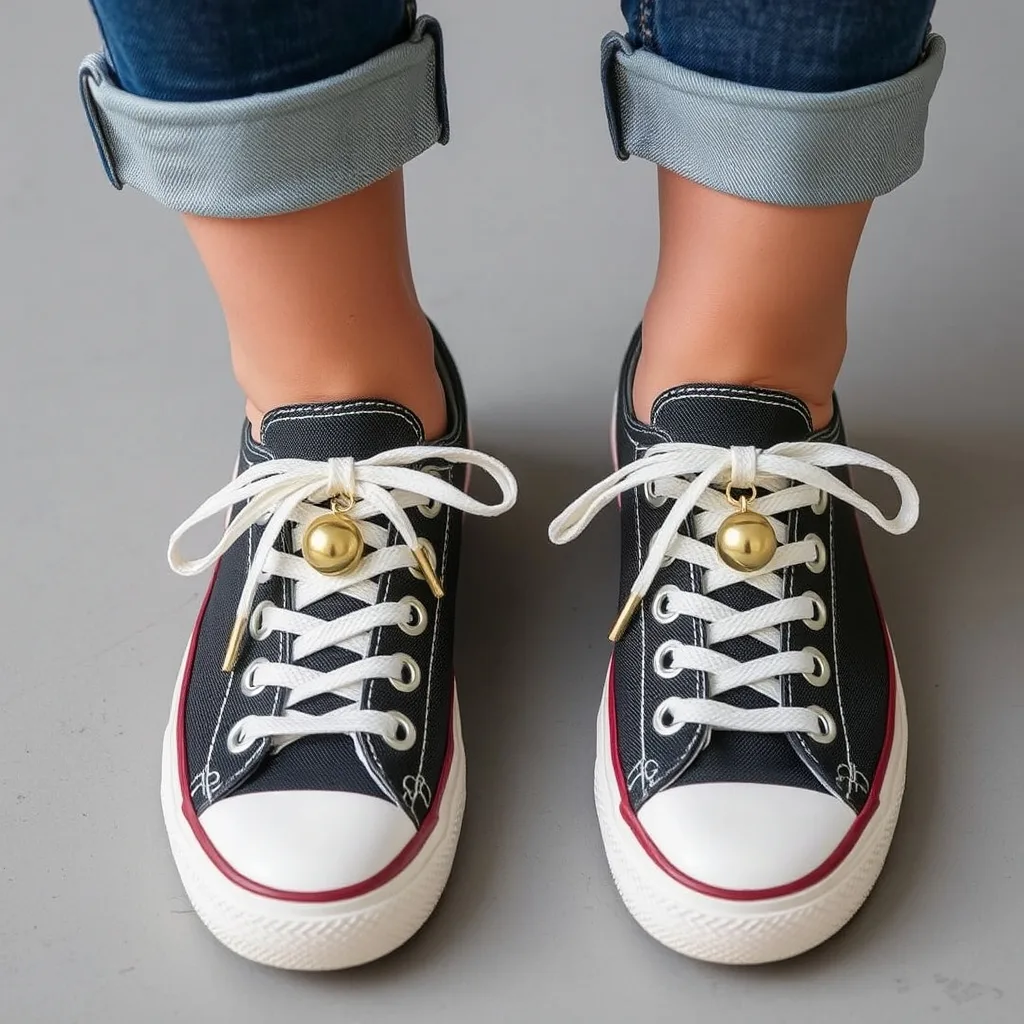 Sneakers featuring unique decorative toggles on the ends of the laces, providing a functional and stylish detail that adds a personalized touch to the overall shoe design.