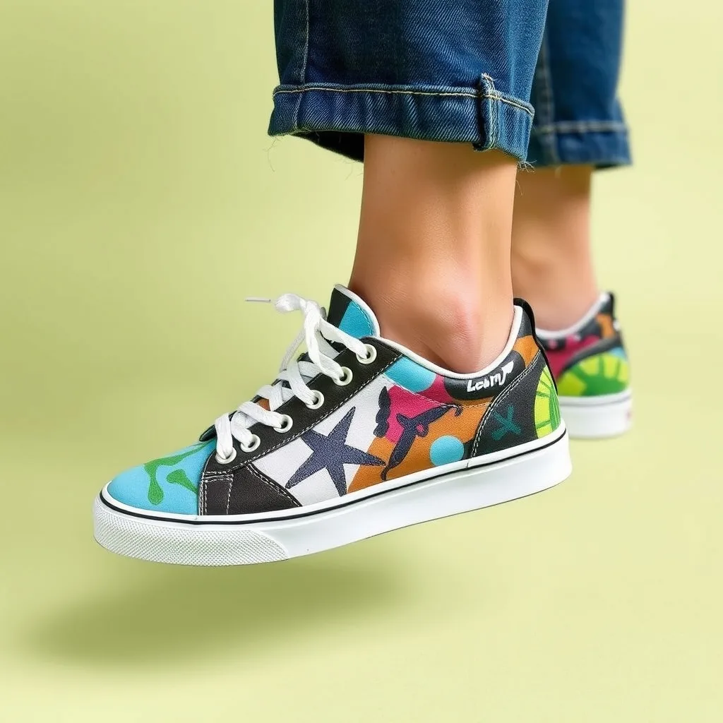 White leather sneakers featuring delicate hand painted floral patterns in soft pastel colors, positioned on a light wooden surface to emphasize the artistic detail and smooth texture.