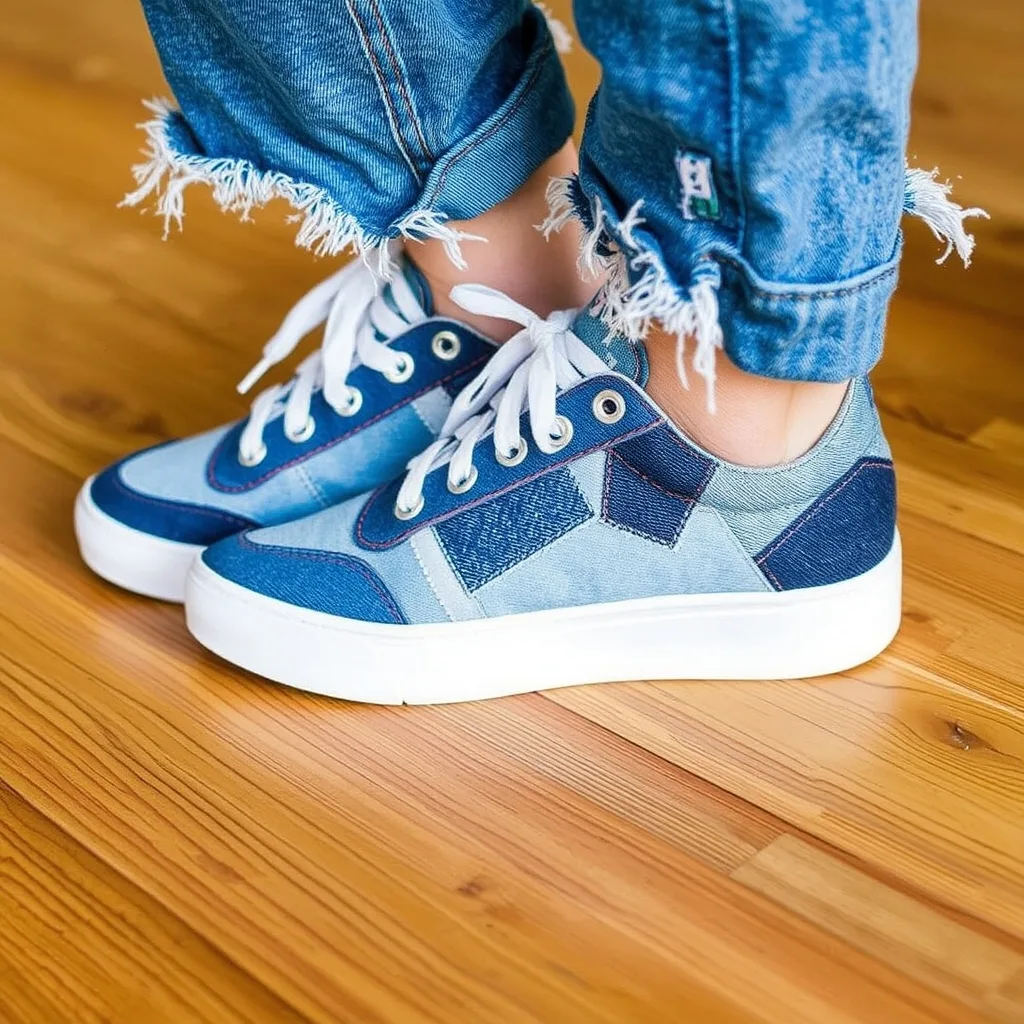 Low top sneakers decorated with various shades of denim fabric patches, creating a textured patchwork look that adds depth and character to the otherwise simple shoe design.