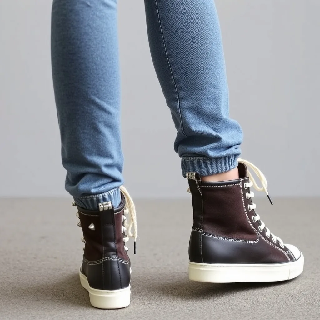 Black high top sneakers featuring silver metal studs embedded along the heel and ankle area, creating a bold and punk inspired look that refine the basic footwear style.