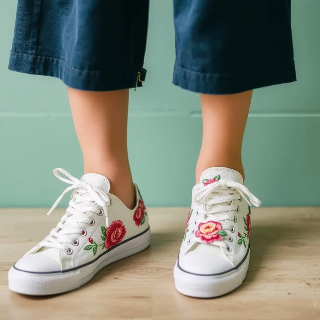 Canvas shoes adorned with colorful embroidered floral patches, featuring intricate thread work and vibrant colors that add a unique and handmade aesthetic to the footwear.