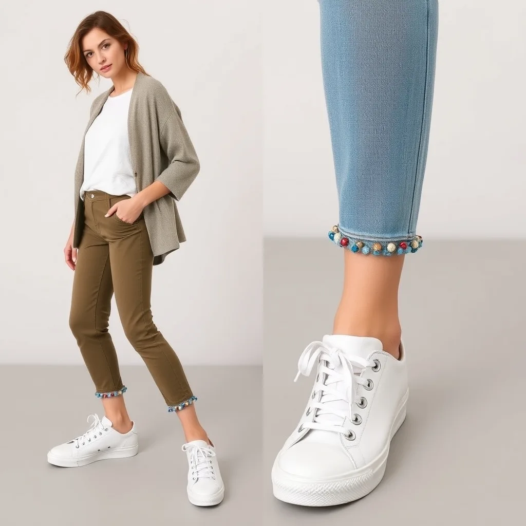 Sneakers featuring delicate seed beads sewn around the eyelets, creating a subtle and elegant decorative border that adds a touch of sophistication to the casual shoe design.