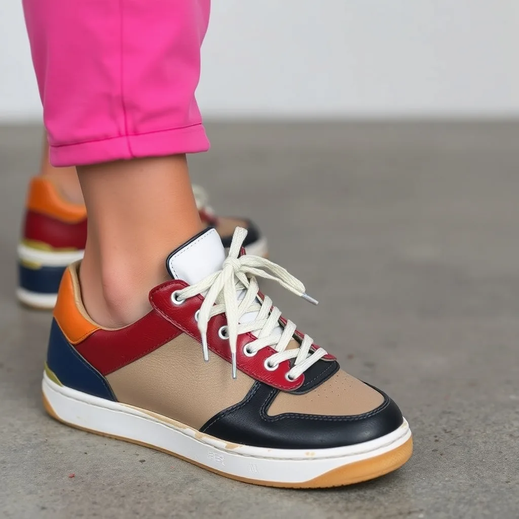 Leather sneakers featuring a bold color blocked design with panels painted in navy, mustard, and cream, creating a modern and structured look on a classic shoe silhouette.