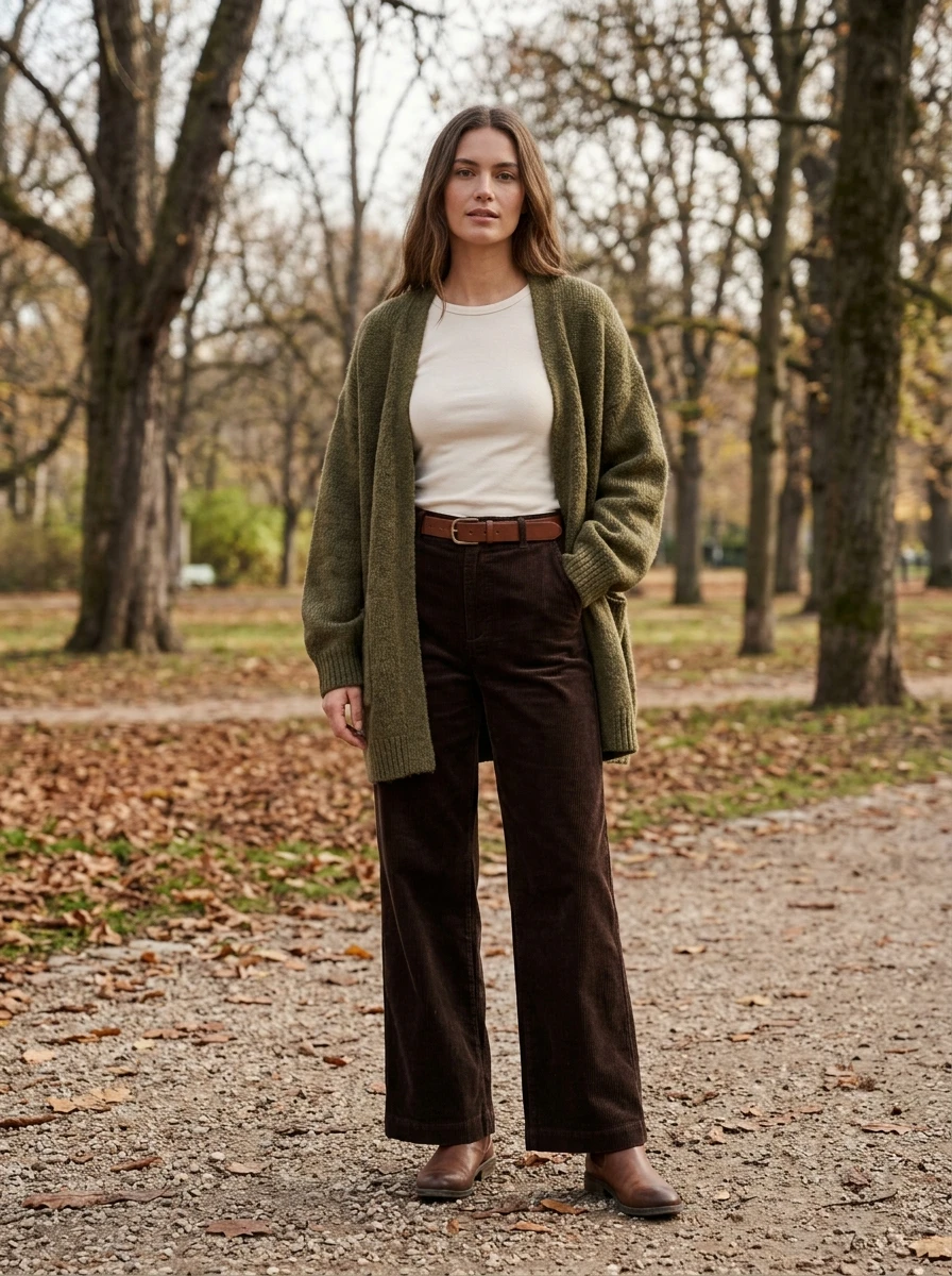 A woman wearing an oversized cardigan and wide leg pants, demonstrating a voluminous and comfortable winter outfit.