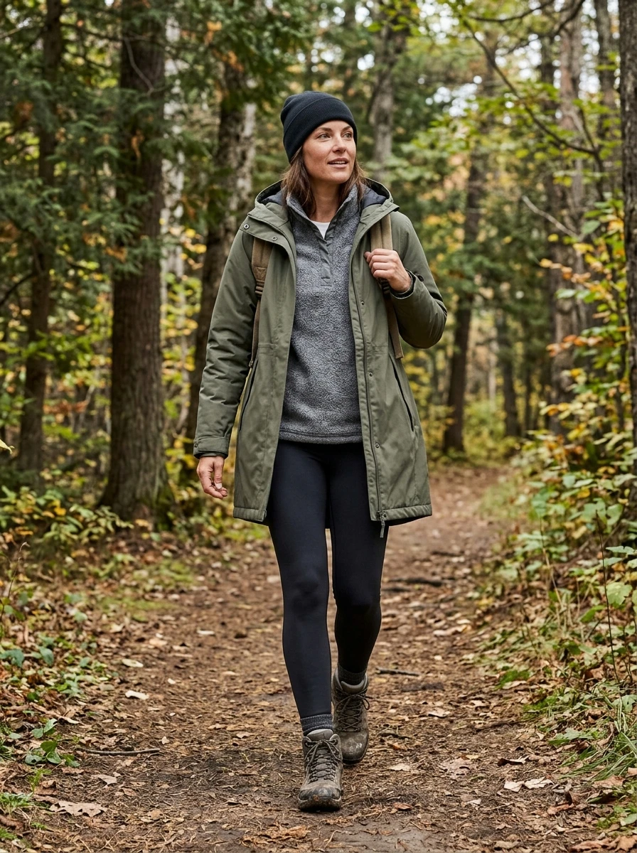 A woman wearing a parka and fleece pullover, showing a functional and warm outfit for outdoor winter activities.