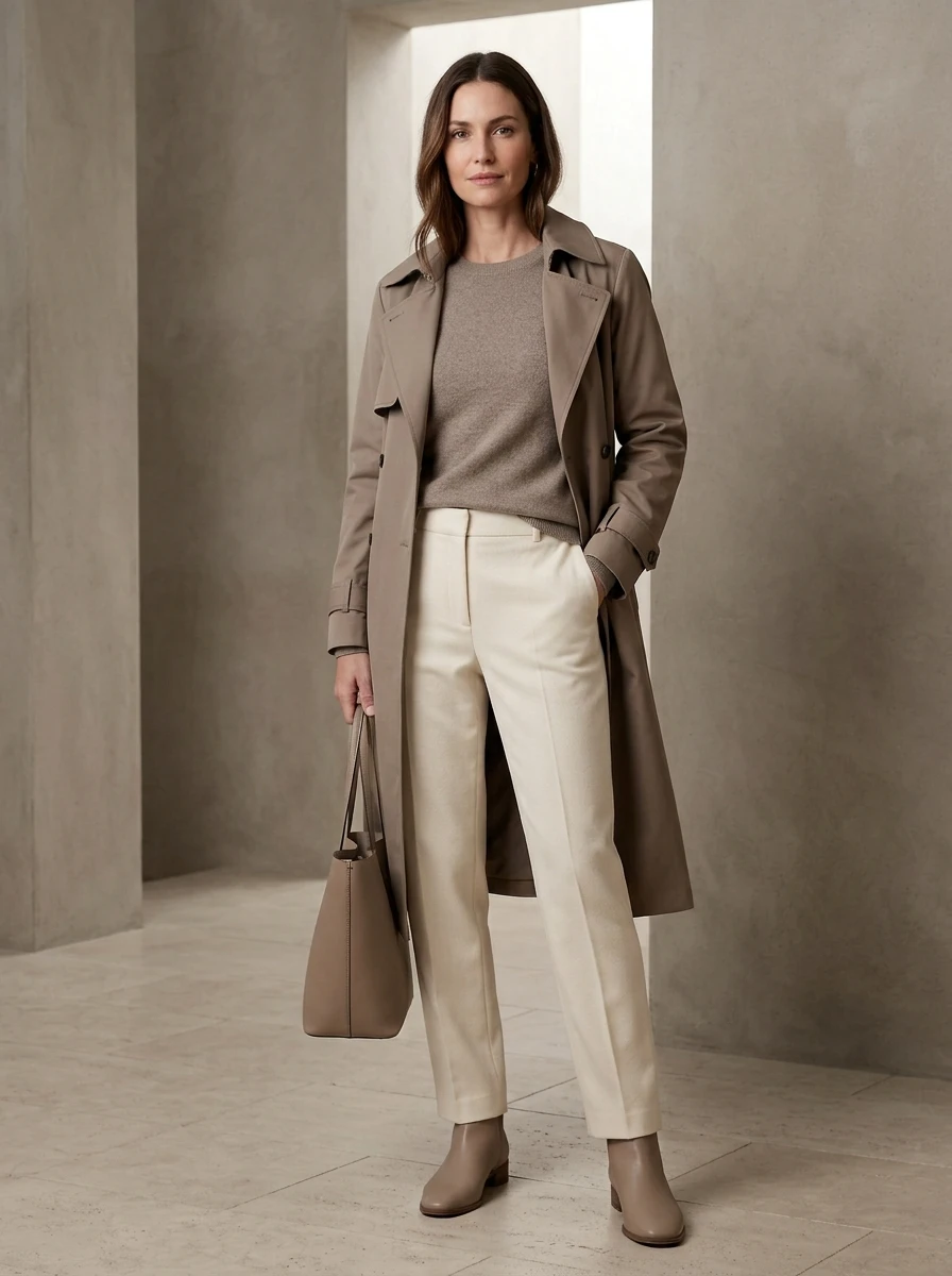 A woman wearing a monochromatic neutral outfit with cream and taupe pieces, showing an elegant winter style.