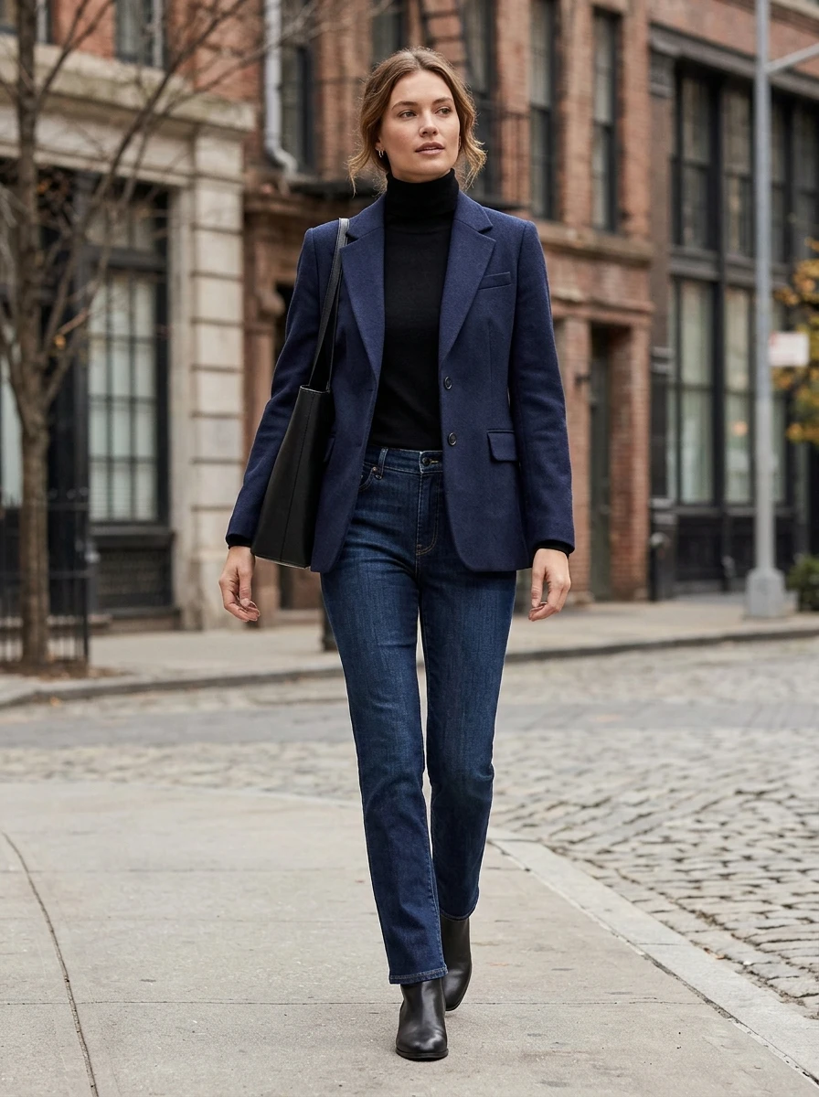 A woman wearing a navy blazer and jeans, demonstrating a structured and versatile winter look.